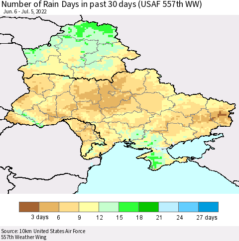 Ukraine, Moldova and Belarus Number of Rain Days in past 30 days (USAF 557th WW) 07/05/2022 Thematic Map For 7/1/2022 - 7/5/2022