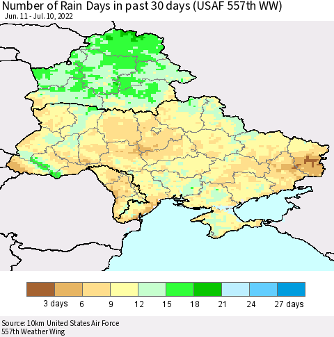 Ukraine, Moldova and Belarus Number of Rain Days in past 30 days (USAF 557th WW) 07/10/2022 Thematic Map For 7/6/2022 - 7/10/2022