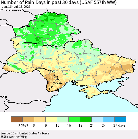 Ukraine, Moldova and Belarus Number of Rain Days in past 30 days (USAF 557th WW) 07/15/2022 Thematic Map For 7/11/2022 - 7/15/2022
