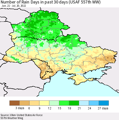 Ukraine, Moldova and Belarus Number of Rain Days in past 30 days (USAF 557th WW) 07/20/2022 Thematic Map For 7/16/2022 - 7/20/2022