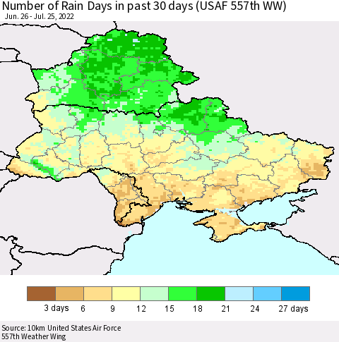 Ukraine, Moldova and Belarus Number of Rain Days in past 30 days (USAF 557th WW) 07/25/2022 Thematic Map For 7/21/2022 - 7/25/2022