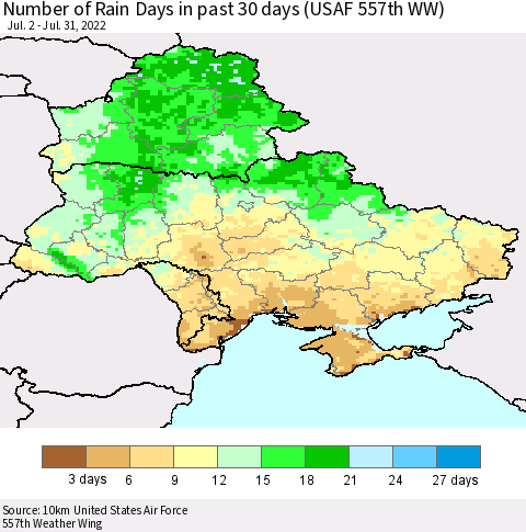 Ukraine, Moldova and Belarus Number of Rain Days in past 30 days (USAF 557th WW) 07/31/2022 Thematic Map For 7/26/2022 - 7/31/2022