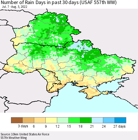 Ukraine, Moldova and Belarus Number of Rain Days in past 30 days (USAF 557th WW) 08/05/2022 Thematic Map For 8/1/2022 - 8/5/2022
