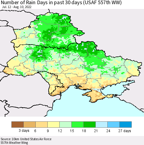 Ukraine, Moldova and Belarus Number of Rain Days in past 30 days (USAF 557th WW) 08/10/2022 Thematic Map For 8/6/2022 - 8/10/2022