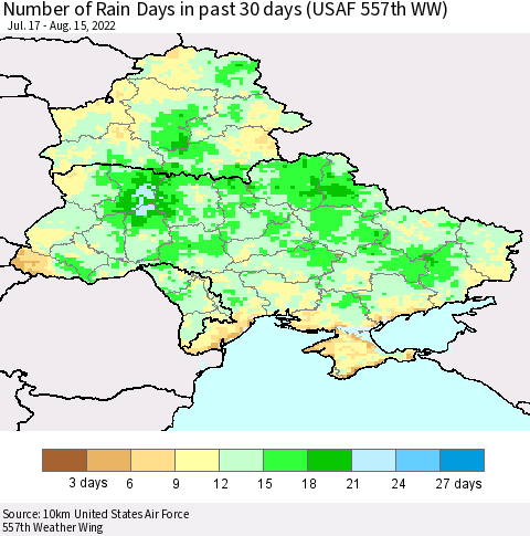 Ukraine, Moldova and Belarus Number of Rain Days in past 30 days (USAF 557th WW) 08/15/2022 Thematic Map For 8/11/2022 - 8/15/2022