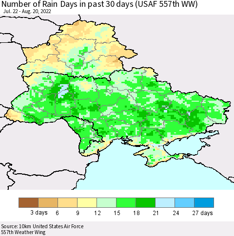 Ukraine, Moldova and Belarus Number of Rain Days in past 30 days (USAF 557th WW) 08/20/2022 Thematic Map For 8/16/2022 - 8/20/2022