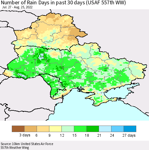 Ukraine, Moldova and Belarus Number of Rain Days in past 30 days (USAF 557th WW) 08/25/2022 Thematic Map For 8/21/2022 - 8/25/2022