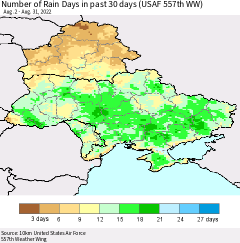 Ukraine, Moldova and Belarus Number of Rain Days in past 30 days (USAF 557th WW) 08/31/2022 Thematic Map For 8/26/2022 - 8/31/2022