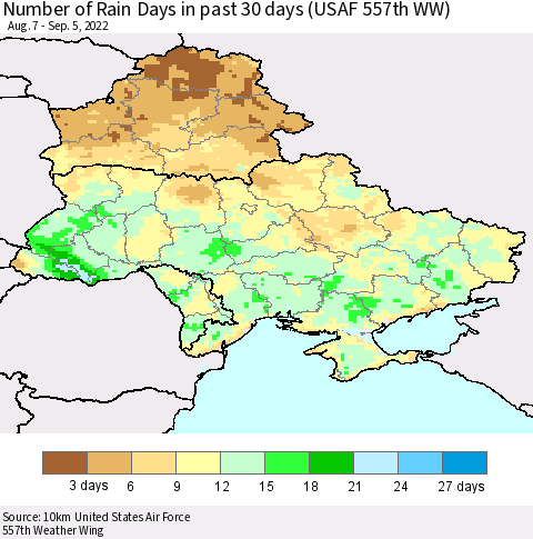 Ukraine, Moldova and Belarus Number of Rain Days in past 30 days (USAF 557th WW) 09/05/2022 Thematic Map For 9/1/2022 - 9/5/2022
