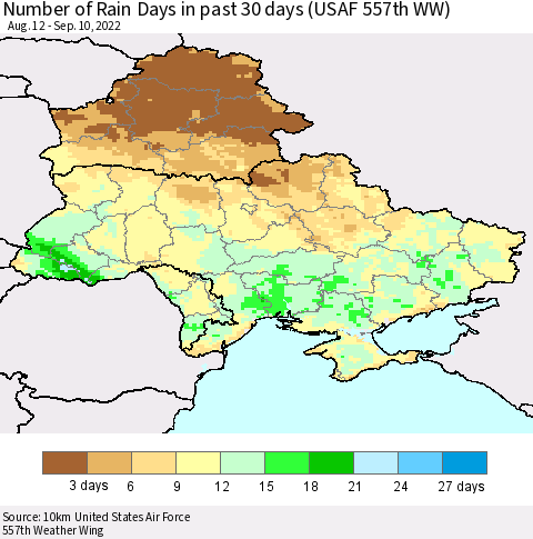 Ukraine, Moldova and Belarus Number of Rain Days in past 30 days (USAF 557th WW) 09/10/2022 Thematic Map For 9/6/2022 - 9/10/2022