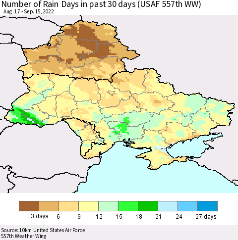 Ukraine, Moldova and Belarus Number of Rain Days in past 30 days (USAF 557th WW) 09/15/2022 Thematic Map For 9/11/2022 - 9/15/2022