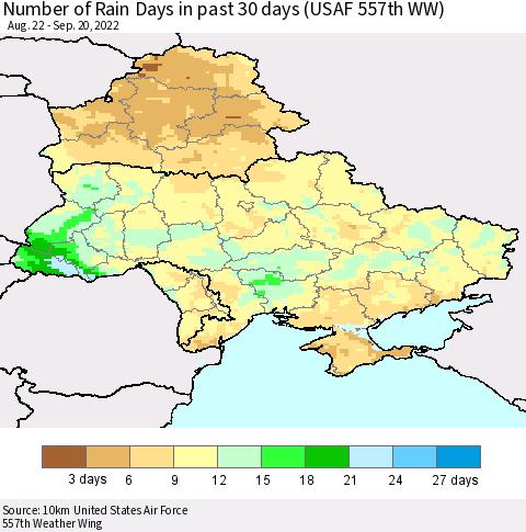Ukraine, Moldova and Belarus Number of Rain Days in past 30 days (USAF 557th WW) 09/20/2022 Thematic Map For 9/16/2022 - 9/20/2022