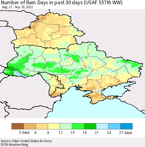 Ukraine, Moldova and Belarus Number of Rain Days in past 30 days (USAF 557th WW) 09/25/2022 Thematic Map For 9/21/2022 - 9/25/2022