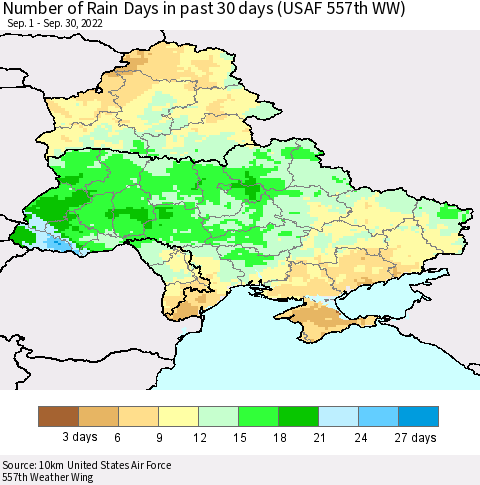 Ukraine, Moldova and Belarus Number of Rain Days in past 30 days (USAF 557th WW) 09/30/2022 Thematic Map For 9/26/2022 - 9/30/2022