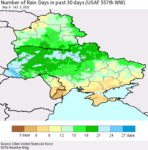 Ukraine, Moldova and Belarus Number of Rain Days in past 30 days (USAF 557th WW) 10/05/2022 Thematic Map For 10/1/2022 - 10/5/2022