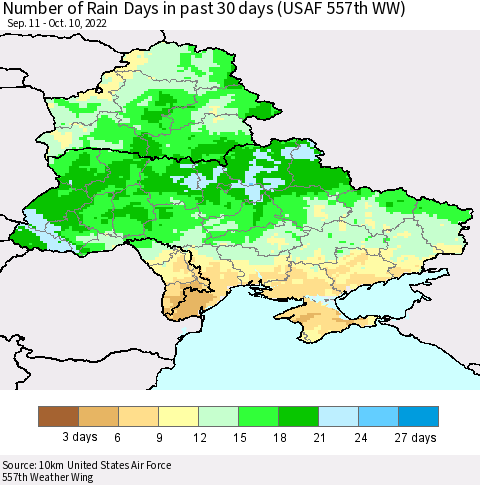 Ukraine, Moldova and Belarus Number of Rain Days in past 30 days (USAF 557th WW) 10/10/2022 Thematic Map For 10/6/2022 - 10/10/2022