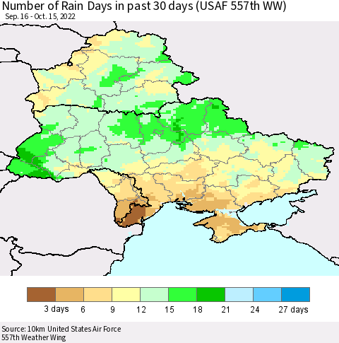 Ukraine, Moldova and Belarus Number of Rain Days in past 30 days (USAF 557th WW) 10/15/2022 Thematic Map For 10/11/2022 - 10/15/2022