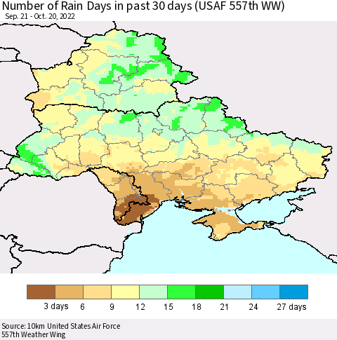 Ukraine, Moldova and Belarus Number of Rain Days in past 30 days (USAF 557th WW) 10/20/2022 Thematic Map For 10/16/2022 - 10/20/2022