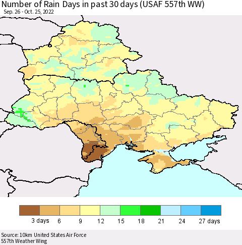 Ukraine, Moldova and Belarus Number of Rain Days in past 30 days (USAF 557th WW) 10/25/2022 Thematic Map For 10/21/2022 - 10/25/2022
