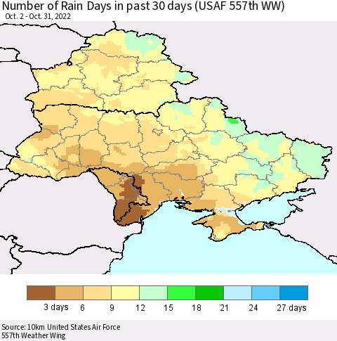 Ukraine, Moldova and Belarus Number of Rain Days in past 30 days (USAF 557th WW) 10/31/2022 Thematic Map For 10/26/2022 - 10/31/2022
