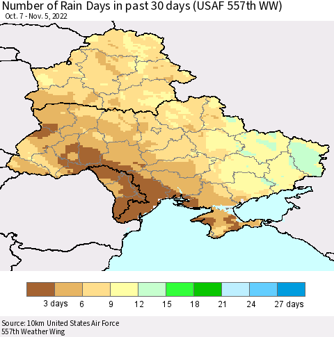 Ukraine, Moldova and Belarus Number of Rain Days in past 30 days (USAF 557th WW) 11/05/2022 Thematic Map For 11/1/2022 - 11/5/2022