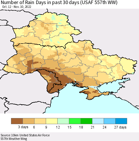 Ukraine, Moldova and Belarus Number of Rain Days in past 30 days (USAF 557th WW) 11/10/2022 Thematic Map For 11/6/2022 - 11/10/2022
