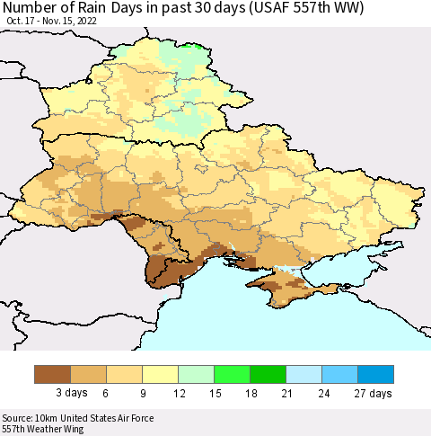 Ukraine, Moldova and Belarus Number of Rain Days in past 30 days (USAF 557th WW) 11/15/2022 Thematic Map For 11/11/2022 - 11/15/2022
