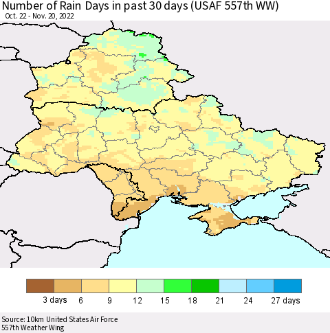 Ukraine, Moldova and Belarus Number of Rain Days in past 30 days (USAF 557th WW) 11/20/2022 Thematic Map For 11/16/2022 - 11/20/2022