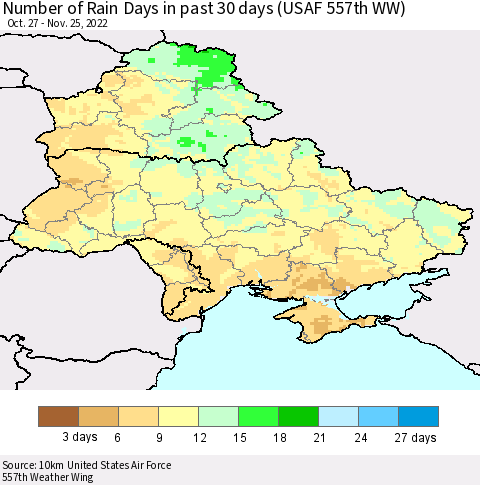 Ukraine, Moldova and Belarus Number of Rain Days in past 30 days (USAF 557th WW) 11/25/2022 Thematic Map For 11/21/2022 - 11/25/2022