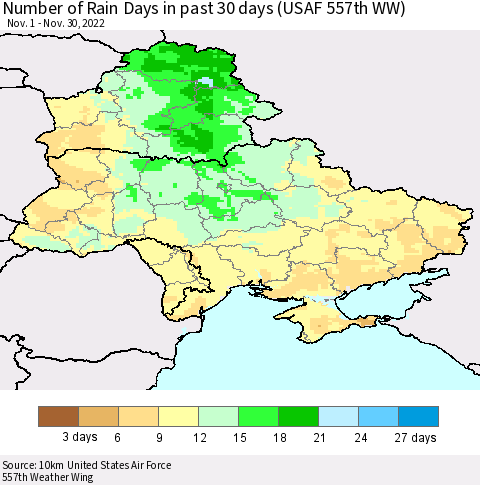 Ukraine, Moldova and Belarus Number of Rain Days in past 30 days (USAF 557th WW) 11/30/2022 Thematic Map For 11/26/2022 - 11/30/2022