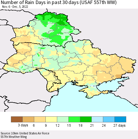 Ukraine, Moldova and Belarus Number of Rain Days in past 30 days (USAF 557th WW) 12/05/2022 Thematic Map For 12/1/2022 - 12/5/2022