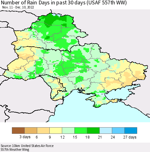 Ukraine, Moldova and Belarus Number of Rain Days in past 30 days (USAF 557th WW) 12/10/2022 Thematic Map For 12/6/2022 - 12/10/2022
