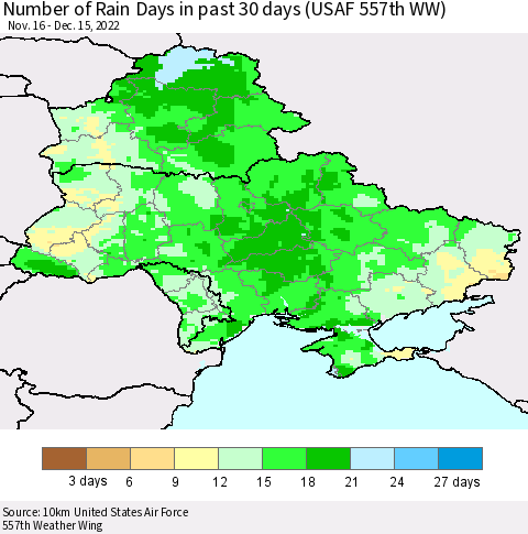 Ukraine, Moldova and Belarus Number of Rain Days in past 30 days (USAF 557th WW) 12/15/2022 Thematic Map For 12/11/2022 - 12/15/2022