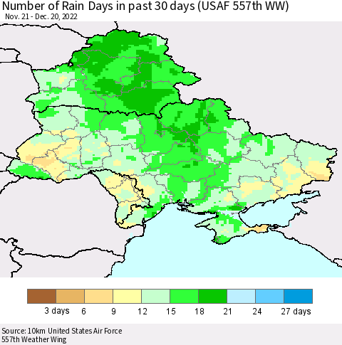 Ukraine, Moldova and Belarus Number of Rain Days in past 30 days (USAF 557th WW) 12/20/2022 Thematic Map For 12/16/2022 - 12/20/2022