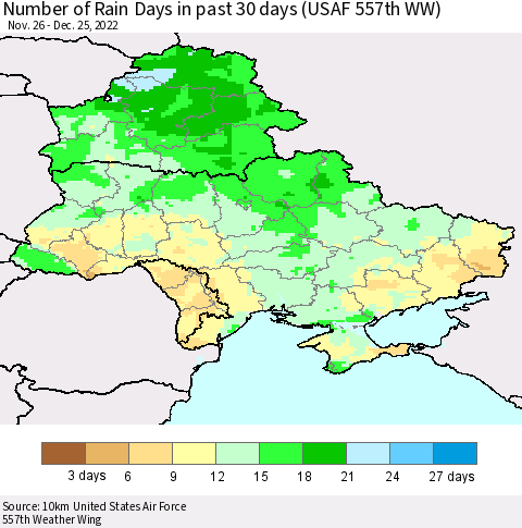 Ukraine, Moldova and Belarus Number of Rain Days in past 30 days (USAF 557th WW) 12/25/2022 Thematic Map For 12/21/2022 - 12/25/2022