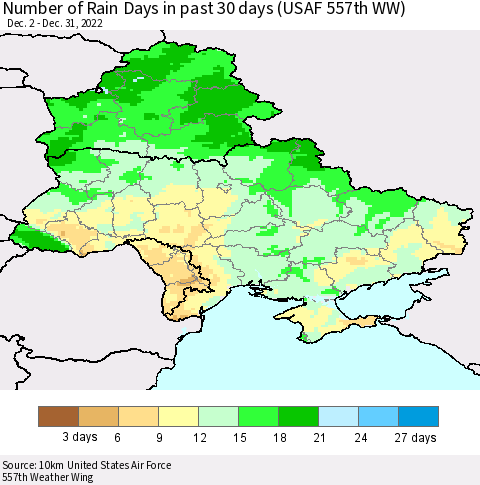 Ukraine, Moldova and Belarus Number of Rain Days in past 30 days (USAF 557th WW) 12/31/2022 Thematic Map For 12/26/2022 - 12/31/2022