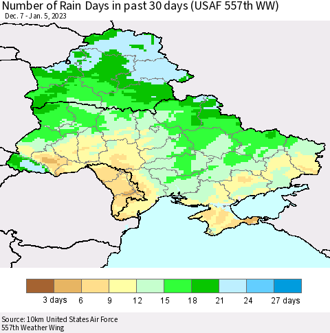 Ukraine, Moldova and Belarus Number of Rain Days in past 30 days (USAF 557th WW) 01/05/2023 Thematic Map For 1/1/2023 - 1/5/2023