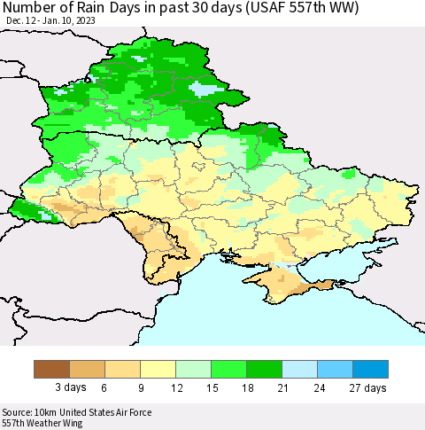 Ukraine, Moldova and Belarus Number of Rain Days in past 30 days (USAF 557th WW) 01/10/2023 Thematic Map For 1/6/2023 - 1/10/2023