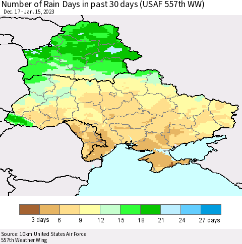 Ukraine, Moldova and Belarus Number of Rain Days in past 30 days (USAF 557th WW) 01/15/2023 Thematic Map For 1/11/2023 - 1/15/2023