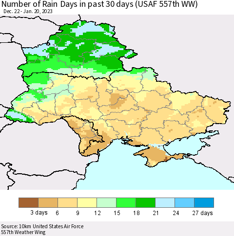 Ukraine, Moldova and Belarus Number of Rain Days in past 30 days (USAF 557th WW) 01/20/2023 Thematic Map For 1/16/2023 - 1/20/2023