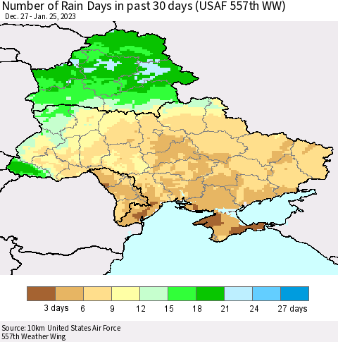 Ukraine, Moldova and Belarus Number of Rain Days in past 30 days (USAF 557th WW) 01/25/2023 Thematic Map For 1/21/2023 - 1/25/2023