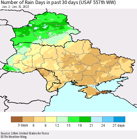 Ukraine, Moldova and Belarus Number of Rain Days in past 30 days (USAF 557th WW) 01/31/2023 Thematic Map For 1/26/2023 - 1/31/2023