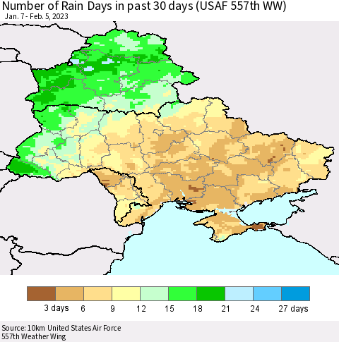 Ukraine, Moldova and Belarus Number of Rain Days in past 30 days (USAF 557th WW) 02/05/2023 Thematic Map For 2/1/2023 - 2/5/2023