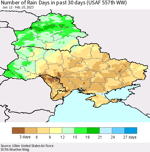 Ukraine, Moldova and Belarus Number of Rain Days in past 30 days (USAF 557th WW) 02/10/2023 Thematic Map For 2/6/2023 - 2/10/2023