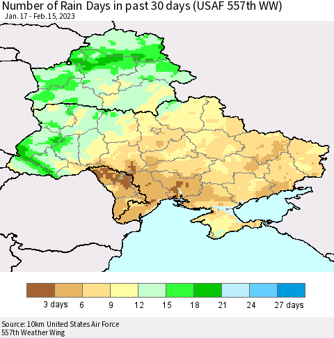 Ukraine, Moldova and Belarus Number of Rain Days in past 30 days (USAF 557th WW) 02/15/2023 Thematic Map For 2/11/2023 - 2/15/2023