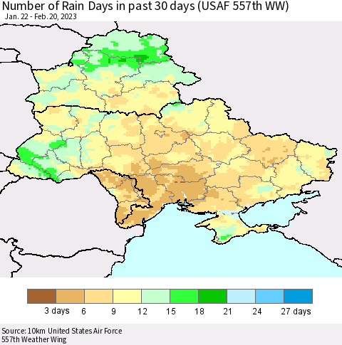 Ukraine, Moldova and Belarus Number of Rain Days in past 30 days (USAF 557th WW) 02/20/2023 Thematic Map For 2/16/2023 - 2/20/2023