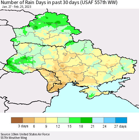 Ukraine, Moldova and Belarus Number of Rain Days in past 30 days (USAF 557th WW) 02/25/2023 Thematic Map For 2/21/2023 - 2/25/2023