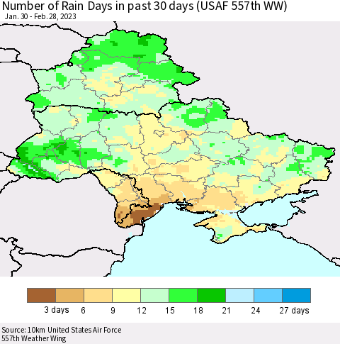 Ukraine, Moldova and Belarus Number of Rain Days in past 30 days (USAF 557th WW) 02/28/2023 Thematic Map For 2/26/2023 - 2/28/2023