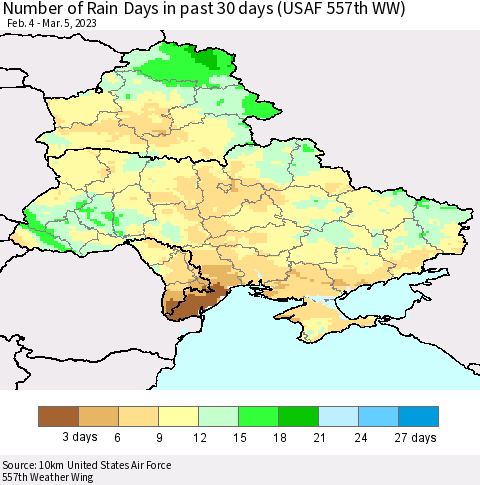 Ukraine, Moldova and Belarus Number of Rain Days in past 30 days (USAF 557th WW) 03/05/2023 Thematic Map For 3/1/2023 - 3/5/2023