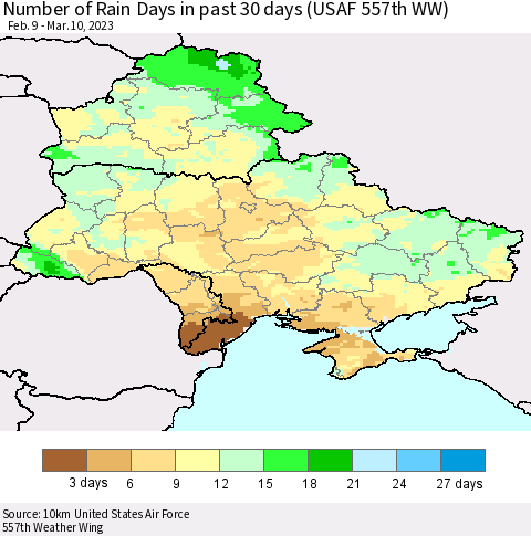 Ukraine, Moldova and Belarus Number of Rain Days in past 30 days (USAF 557th WW) 03/10/2023 Thematic Map For 3/6/2023 - 3/10/2023